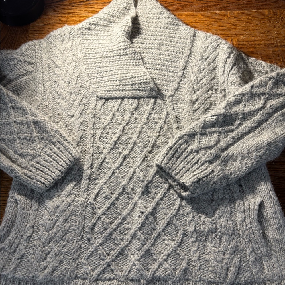 Shawl Collar Cable-Knit Wool/Alpaca Sweater - Light Gray